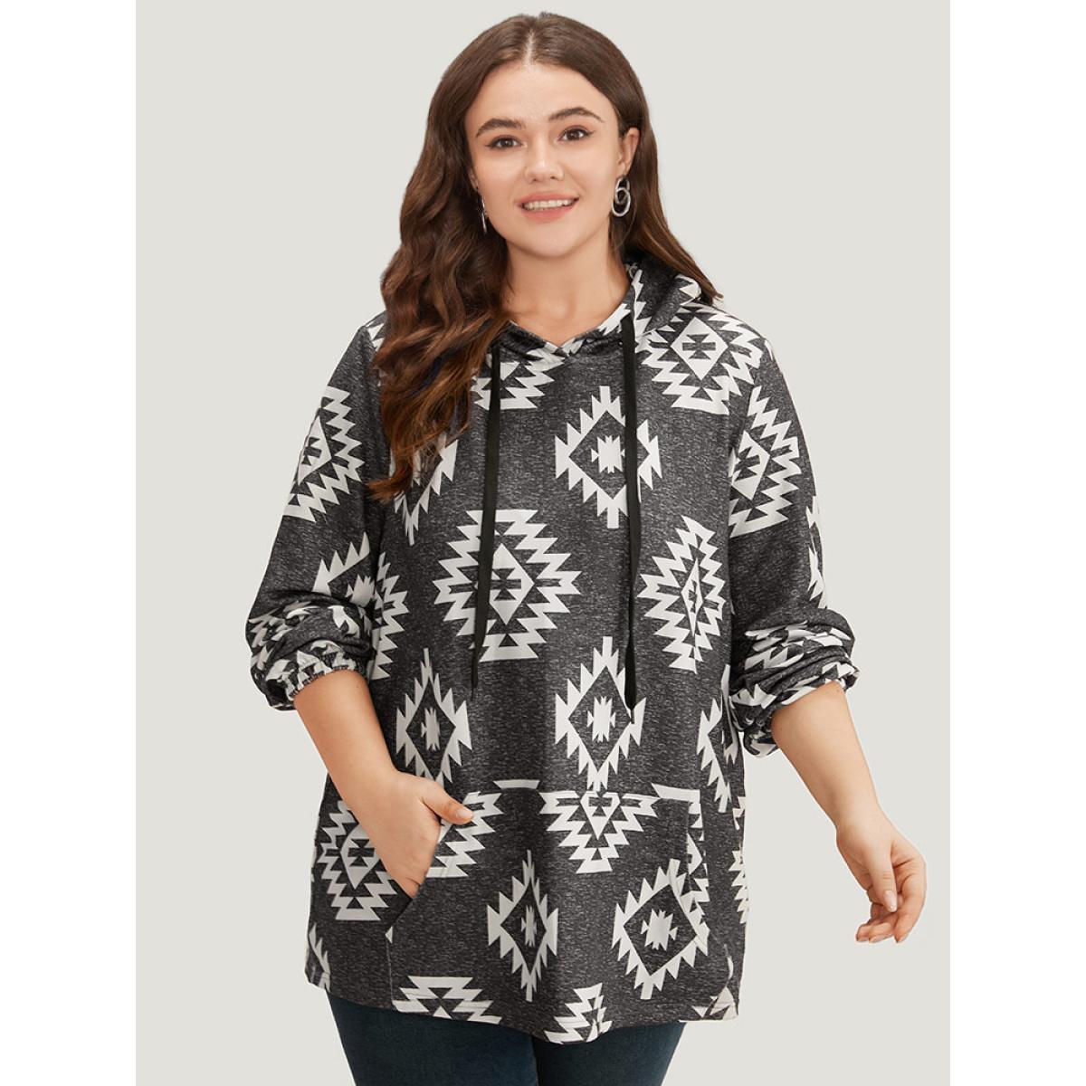 Plus Size Moroccan Print Hooded Pocket Sweatshirt Women Gray Casual Printed Hooded Dailywear Sweatshirts BloomChic 22-24/3X Product Image