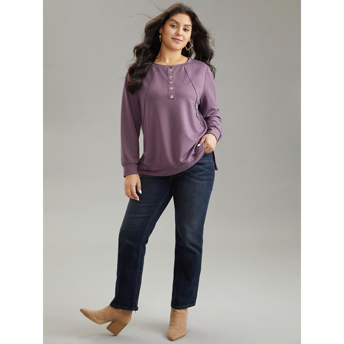 Plus Size Plain Button Detail Round Neck Knit Sweatshirt Women Mauve Casual Plain Round Neck Everyday Sweatshirts BloomChic 10/M Product Image