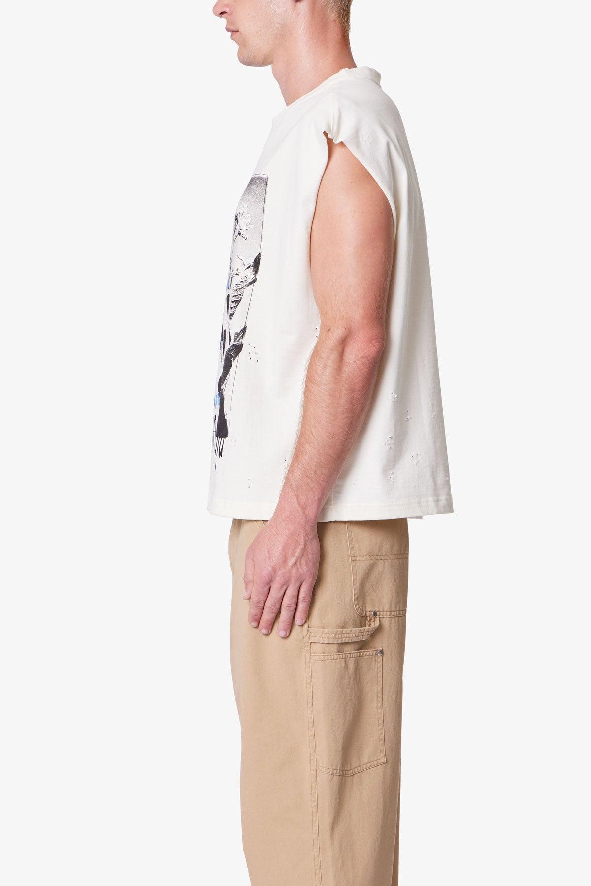 Distressed Sleeveless Tank - Antique White Product Image