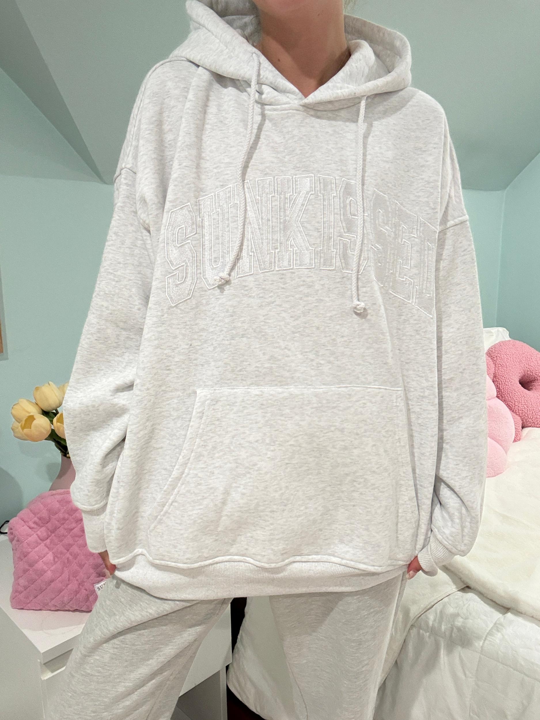 Pearl Grey With White Letters Sunkissed Varsity Embroider Hoodie Product Image