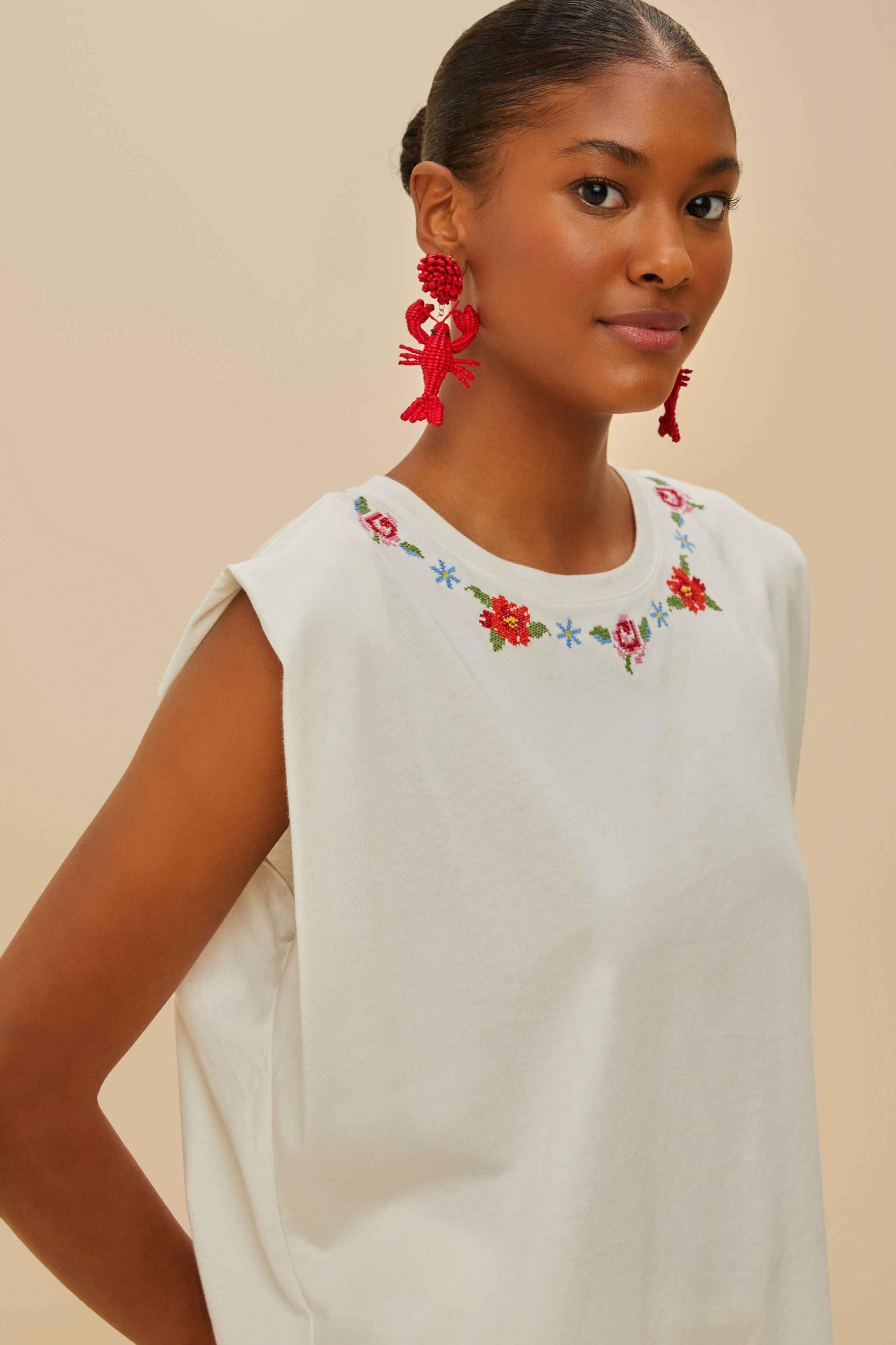 Off-White Cross Stitch Flowers Organic Cotton T-Shirt Product Image