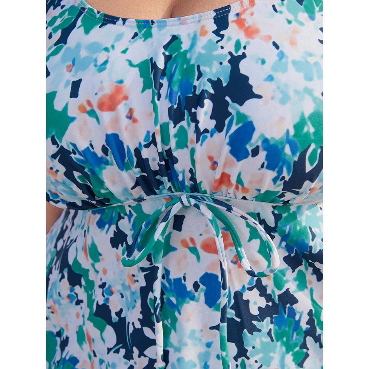 Plus Size Tropical Print Tie Front Ruffles Swim Dress Women's Swimwear Green Vacation Bodycon V-neck High stretch Curve Swim Dresses BloomChic 26/4X Product Image