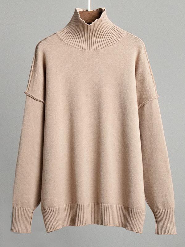 Long Sleeves Loose Solid Color Split-Joint High Neck Pullovers Sweater Tops Product Image