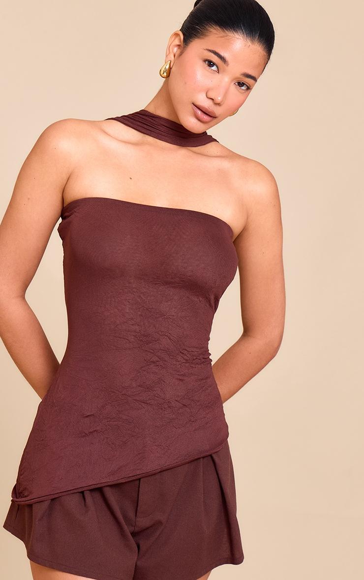 Chocolate Crinkle Mesh Scarf Detail Asymmetric Long Top Product Image