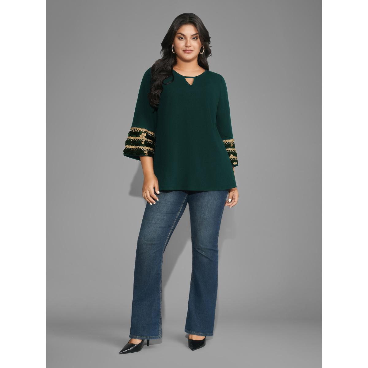 Plus Size DarkGreen Sequin Patchwork Keyhole Bell Sleeve Blouse Women Elegant Three Quarter Length Sleeve Round Neck Everyday Blouses BloomChic 28/5X Product Image