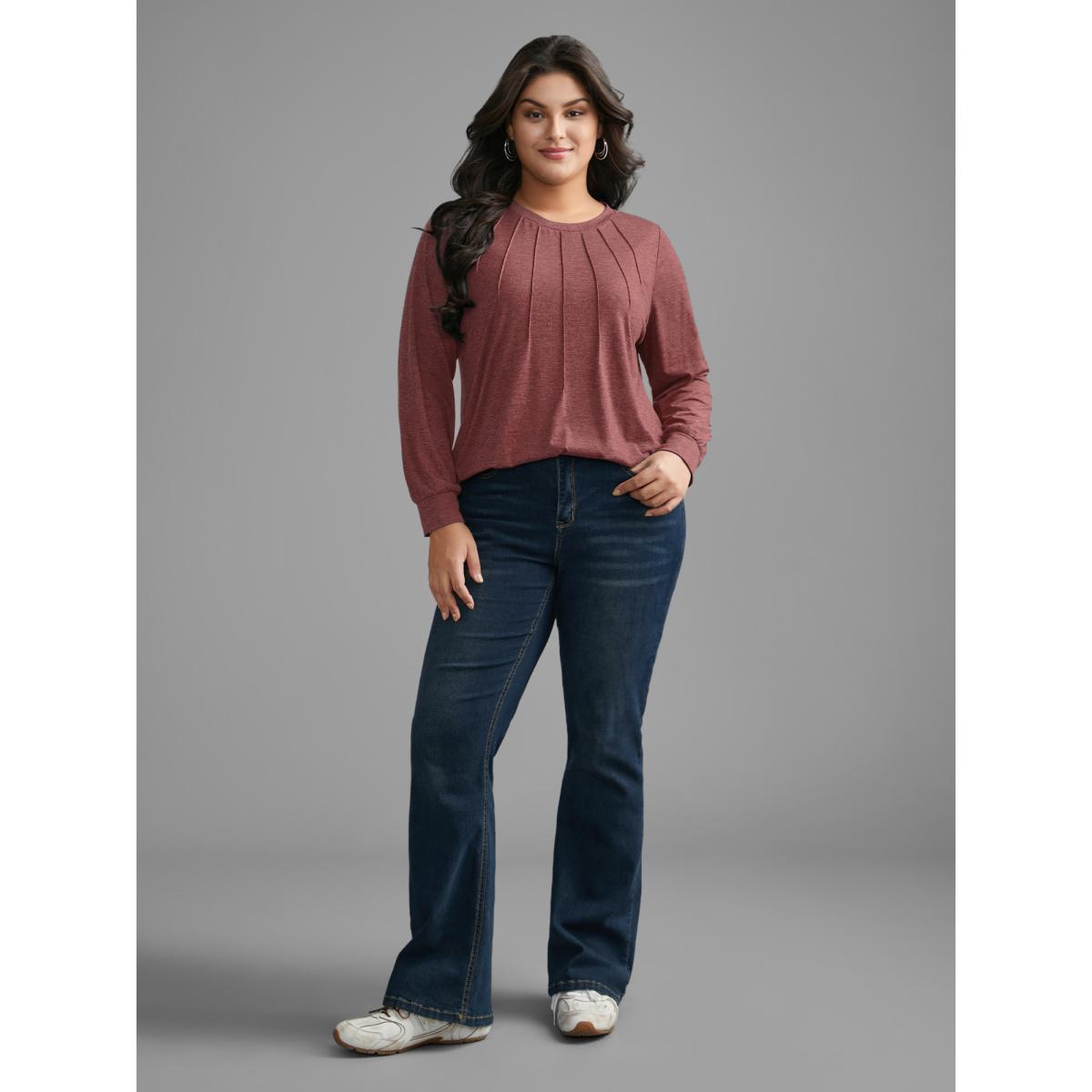 Plus Size Solid Heather Round Neck Pleated T-shirt Russet Women Casual Pleated Round Neck Everyday T-shirts BloomChic 14-16/1X Product Image