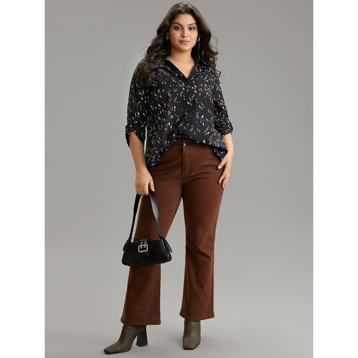 Plus Size Black Leopard Shirt Collar Tab Sleeve Blouse Women Office Long Sleeve Shirt collar Office Blouses BloomChic 30/6X Product Image