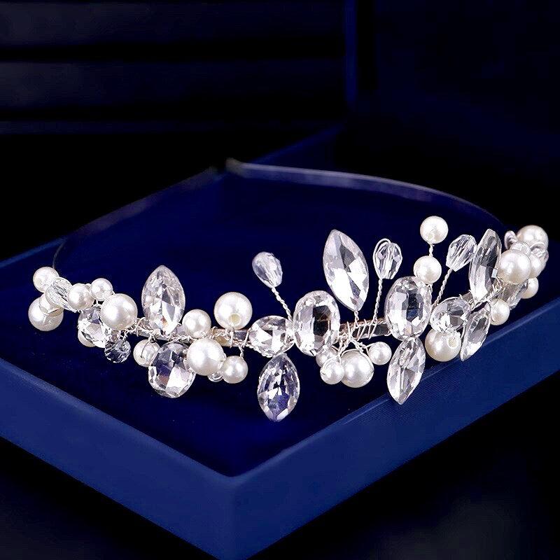 "Aleena" - Silver Pearl and Crystal Bridal Headband Product Image