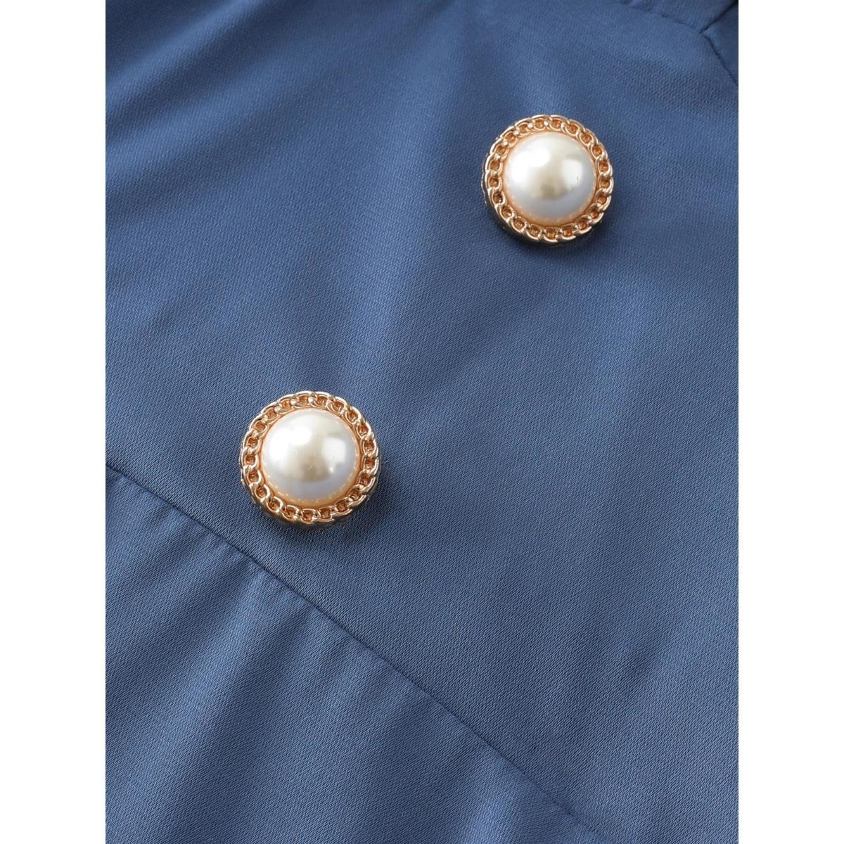 Plus Size Pearl Metal Trim Buttons Shirred Midi Dress Stone Women Timeless Gathered V-neck Long Sleeve Curvy BloomChic 28/5X Product Image