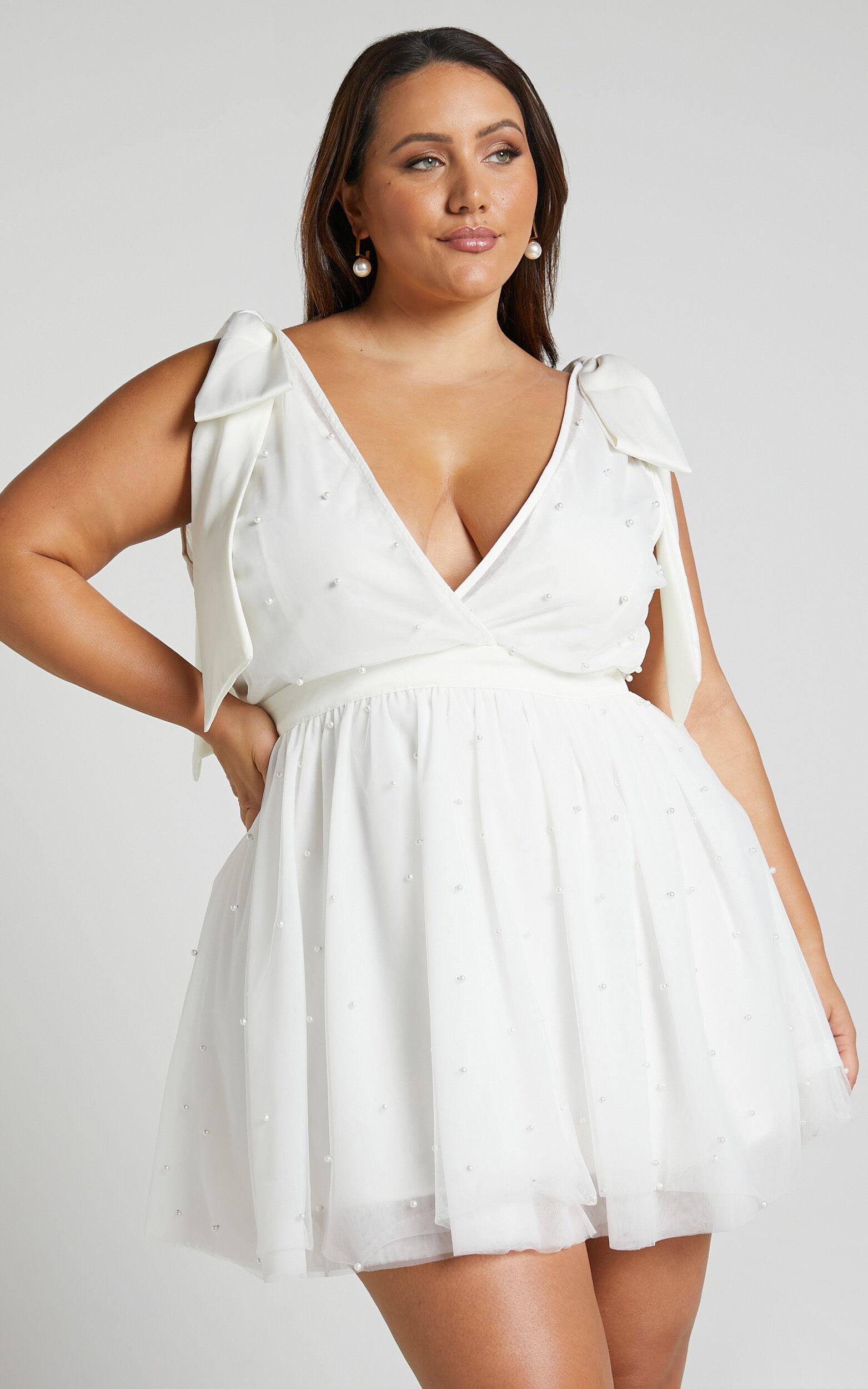 Karalyn Mini Dress - Bow Strap Plunge Pearl Detail Dress in White Product Image
