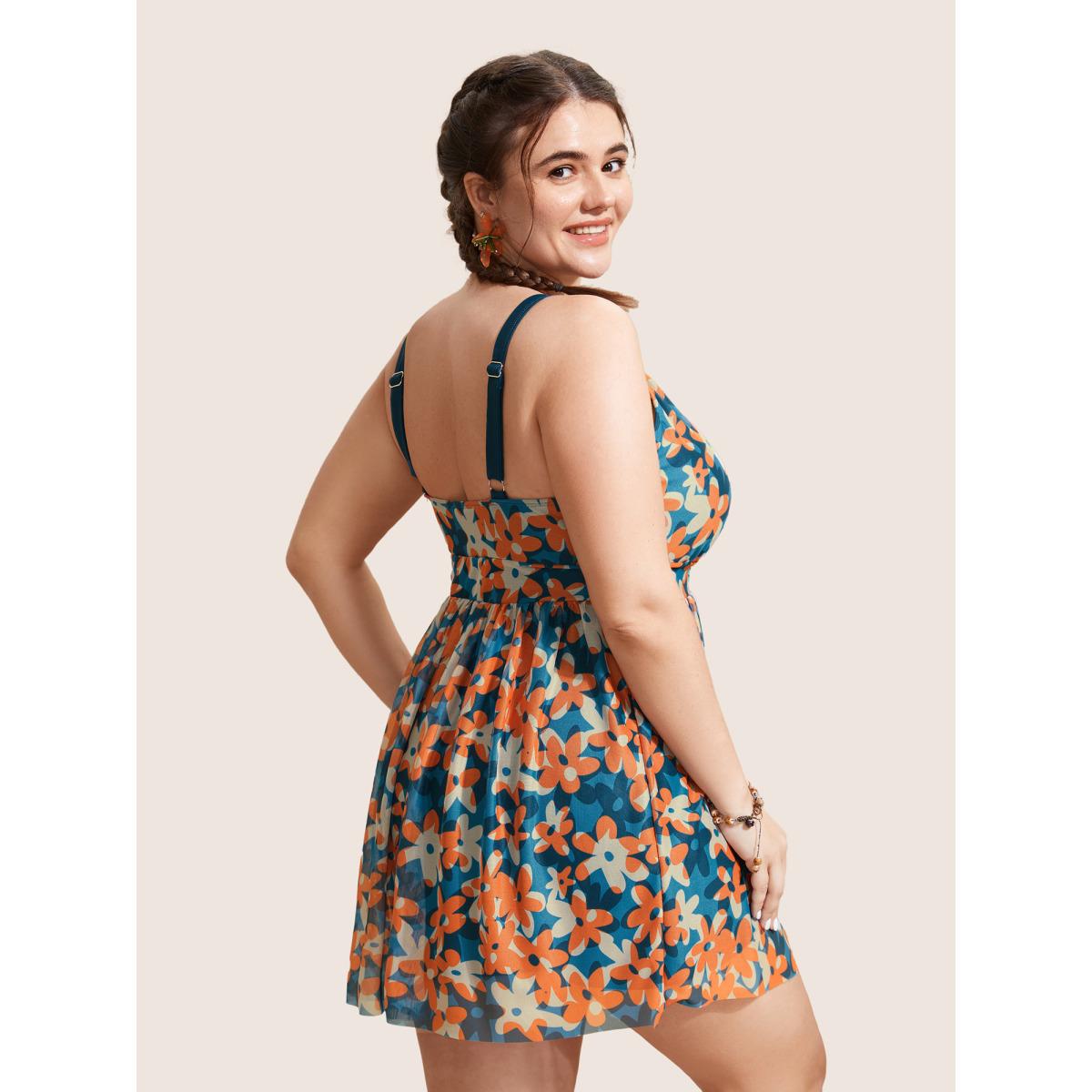 Plus Size Ditsy Floral Slit Hem See Through Swim Dress Women's Swimwear Multicolor Beach Bodycon U-neck High stretch Curve Swim Dresses BloomChic 22-24/3X Product Image