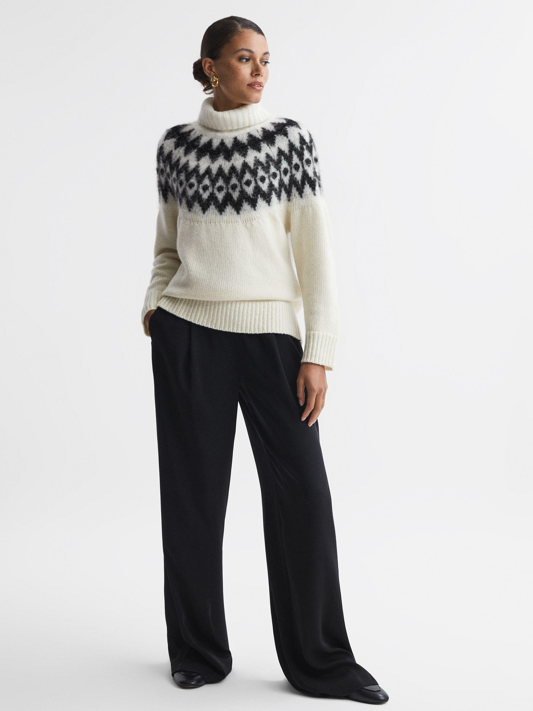 Wool-Cashmere Blend Fairisle Pattern Roll Neck Jumper in Cream/Black Product Image