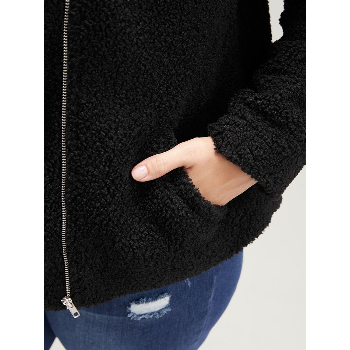 Plus Size Solid Zipper Pocket Suit Collar Teddy Coat Women Black Elegant Zipper Ladies Dailywear Winter Coats BloomChic 30/6X Product Image