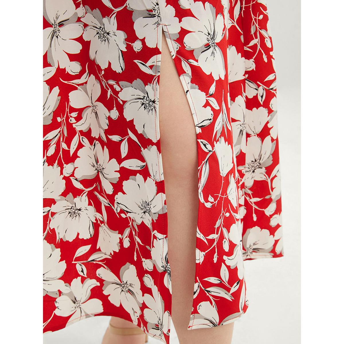 Plus Size Floral Print Pocket Ruffles Trim Split Halter Maxi Dress Scarlet Women Elegant Elastic Waist Halter neck Short sleeve Curvy Long Dress BloomChic 22-24/3X Product Image