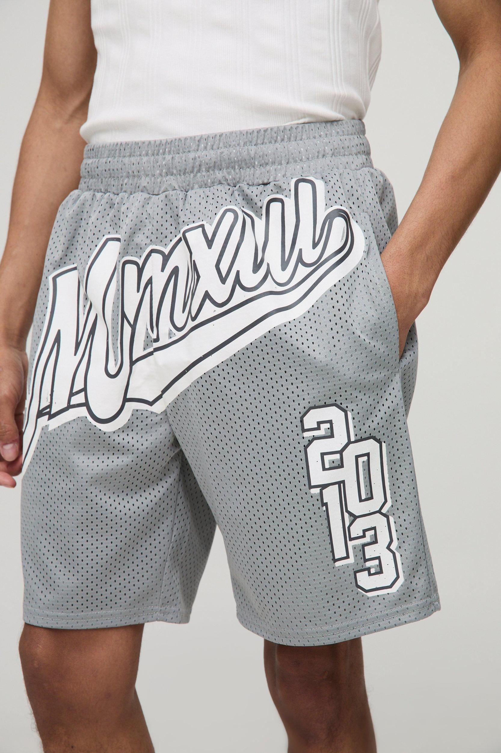 Varsity Graphic Mid Length Mesh Basketball Shorts | boohooMAN USA Product Image