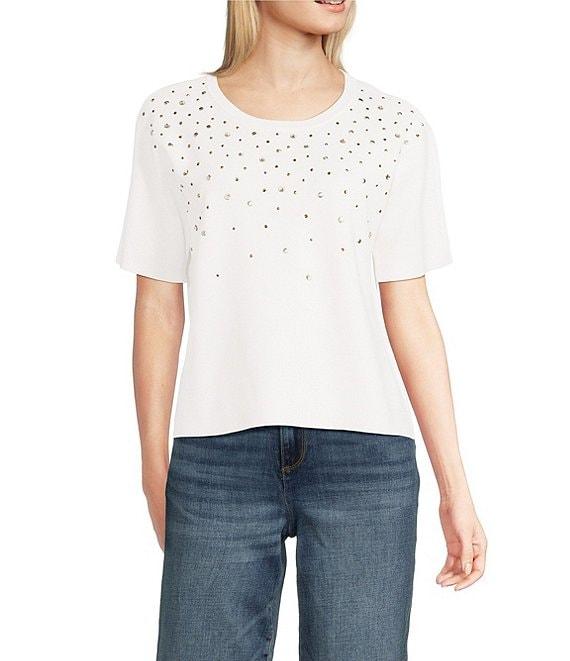 KARL LAGERFELD PARIS Knit Rhinestone Crew Neck Short Sleeve Top Product Image