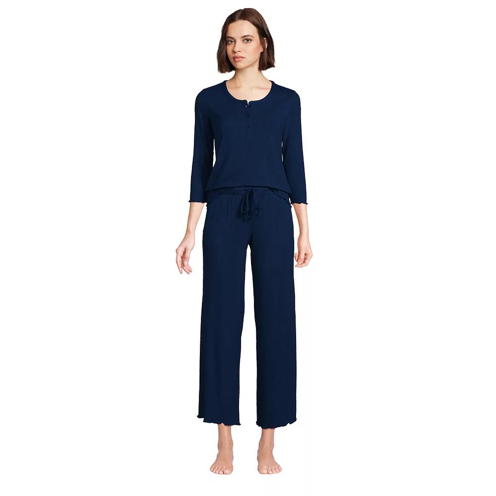 Women's Lands' End Pointelle Rib 3/4 Sleeve Pajama Top and Crop Pajama Pants Sleep Set, Size: Medium, Deep  Blue Product Image