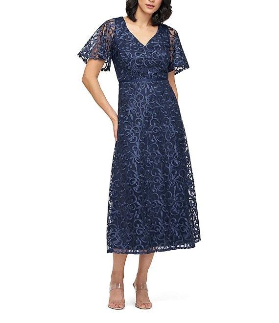 JS Collections Jess V-Neck Illusion Flutter Sleeve Embroidered Mesh A-Line Midi Dress Product Image