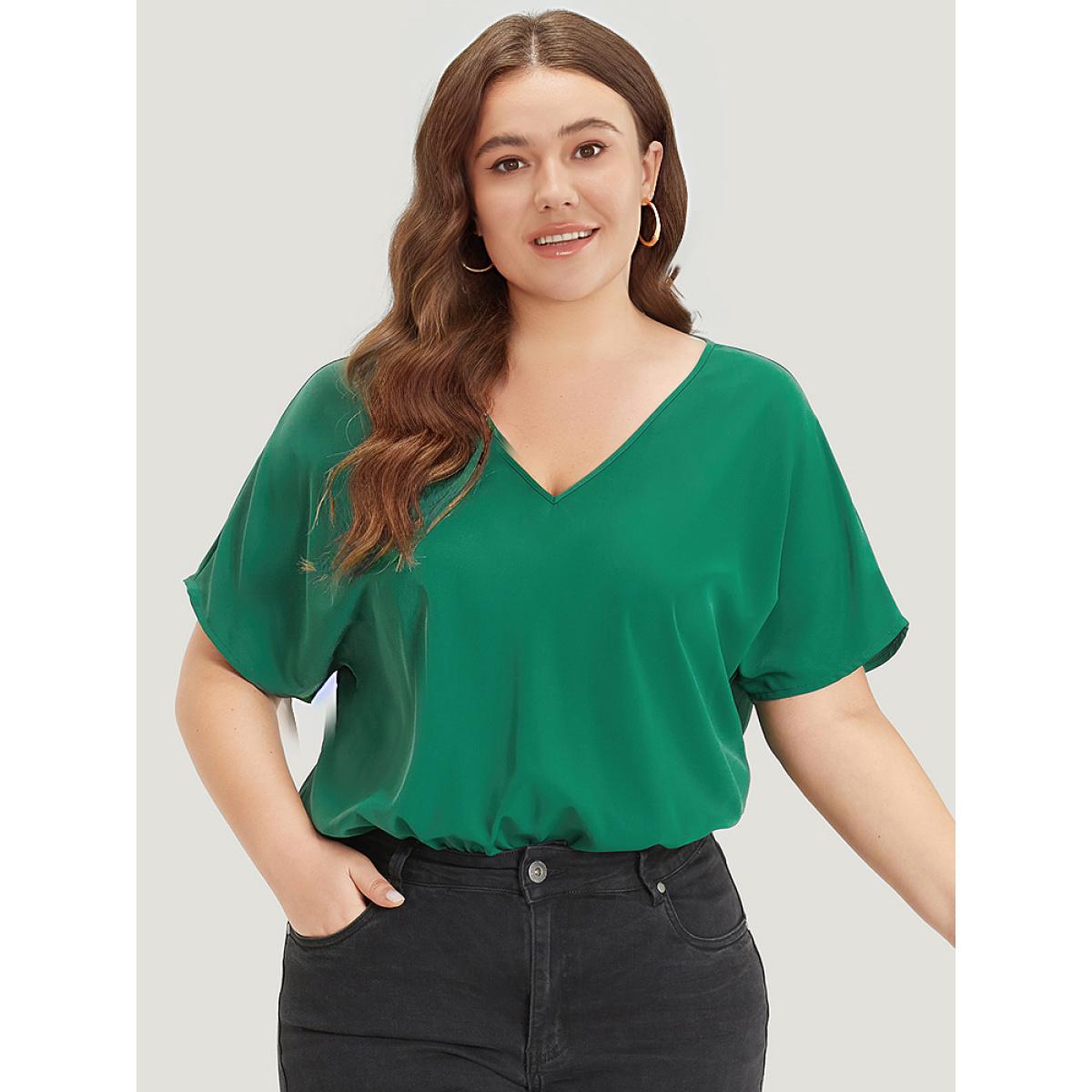 Plus Size Solid V Neck Dolman Sleeve Cut Out Bodysuit Women DarkGreen Plain Plain Bodysuits BloomChic 14-16/1X Product Image