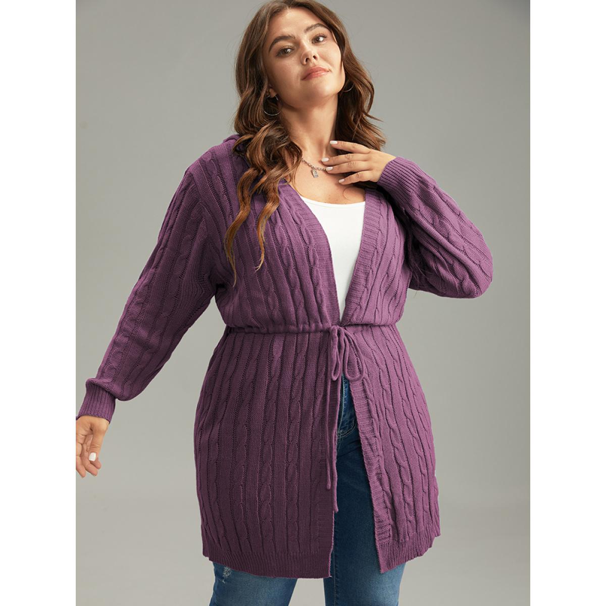 Plus Size Cable Knit Drawstring Front Hooded Cardigan Purple Women Casual Loose Long Sleeve Dailywear Cardigans BloomChic 30/6X Product Image