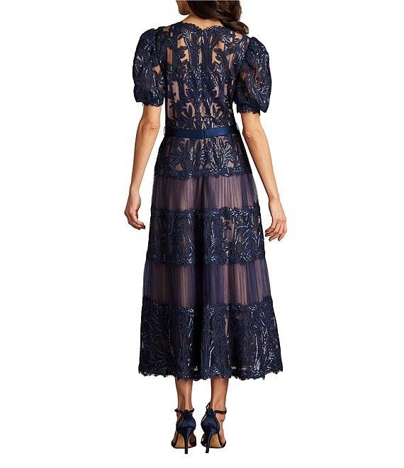 Tadashi Shoji Lace V-Neck Short Puff Sleeve Tiered A-Line Midi Dress Product Image