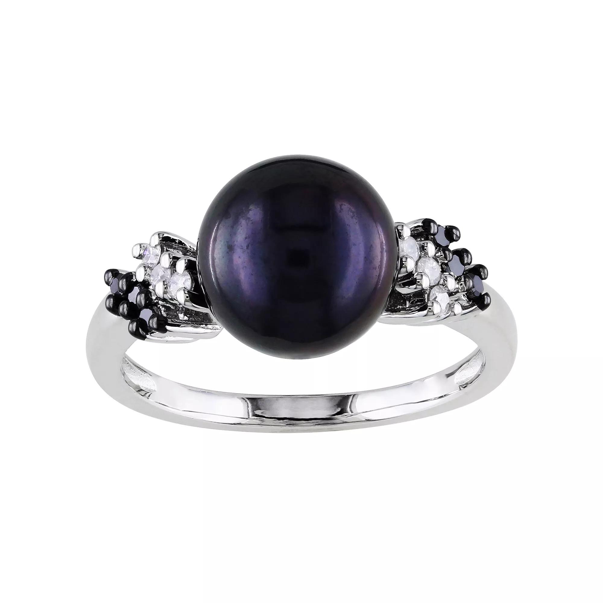 Stella Grace Sterling Silver 1/8 Carat T.W. Black & White Diamond and Dyed Black Freshwater Cultured Pearl Ring, Women's, Size: 7.50 Product Image