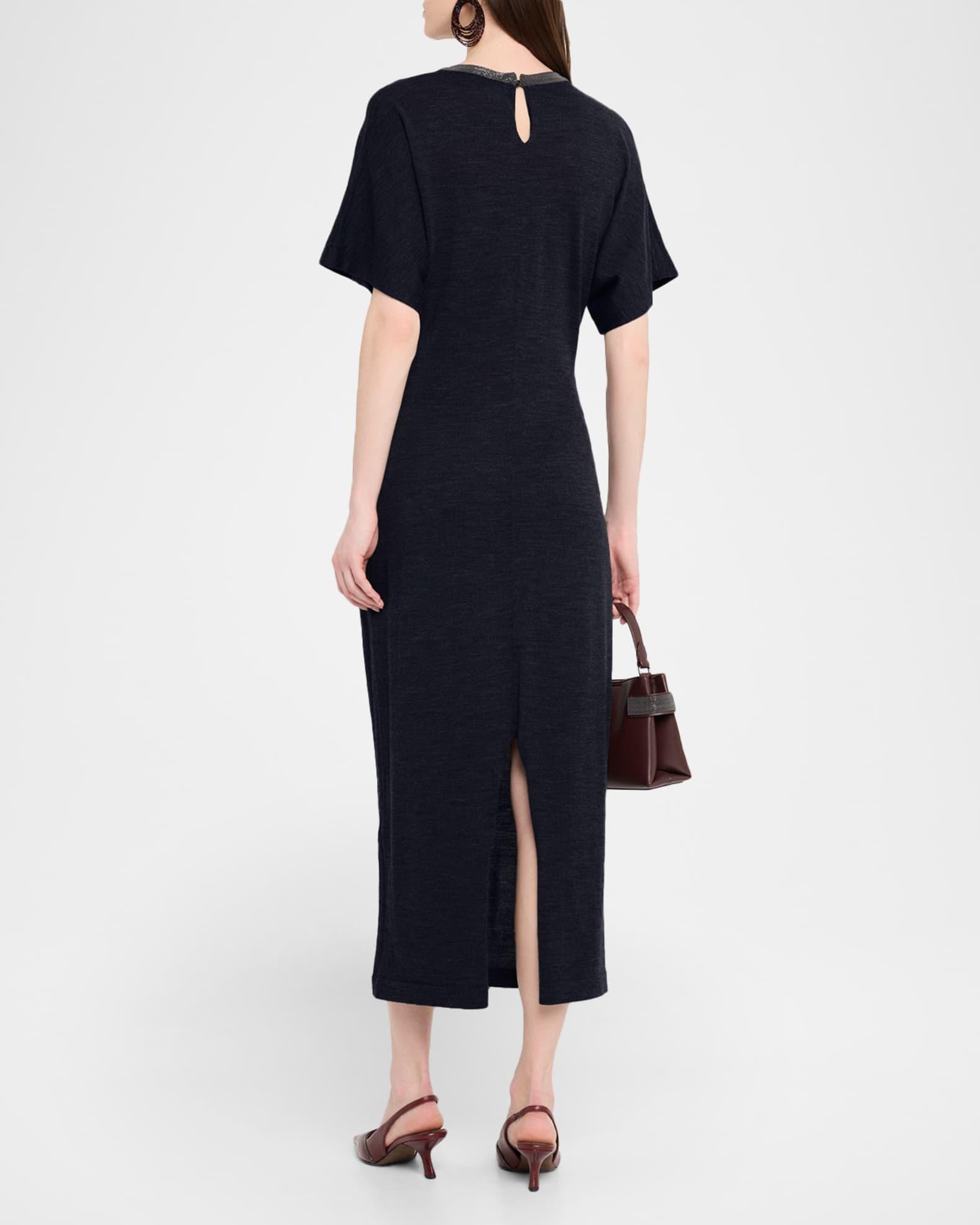 Monili-Neck Short-Sleeve Gathered Wool Jersey Midi T-Shirt Dress Product Image