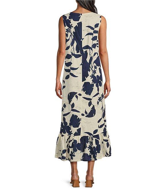 Bryn Walker Angelina Foglie Print Round Neck Sleeveless High-Low Ruffle Midi Dress Product Image