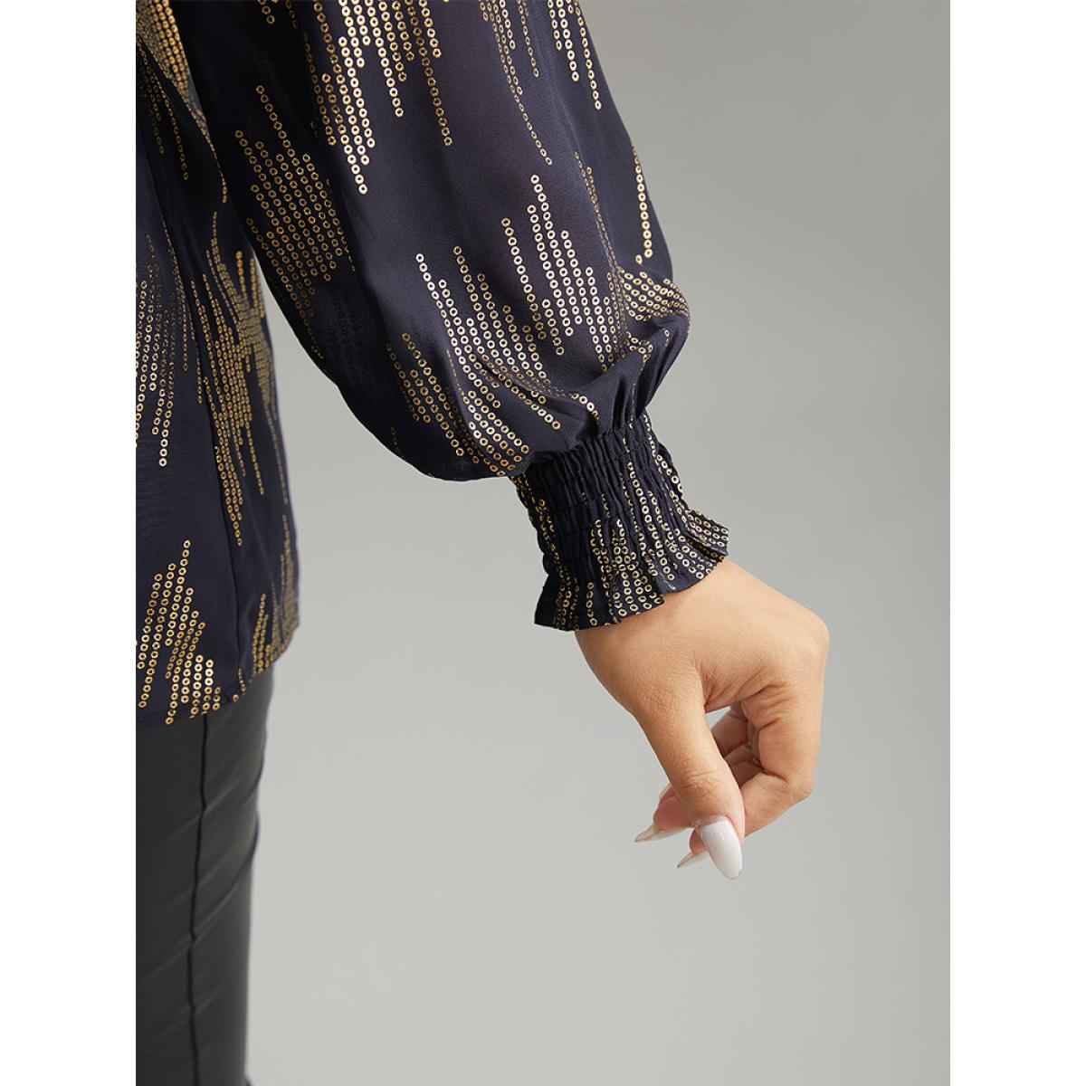 Plus Size Indigo Glitter V Neck Shirred Lantern Sleeve Blouse Women Glamour Long Sleeve V-neck Going out Blouses BloomChic 12/L Product Image