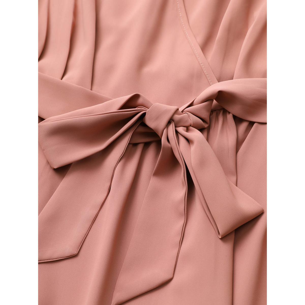 Plus Size Plain Mesh Textured Patchwork Belted Dress DustyPink Women At the Office Texture Overlap Collar Long Sleeve Curvy Midi Dress BloomChic 14-16/1X Product Image