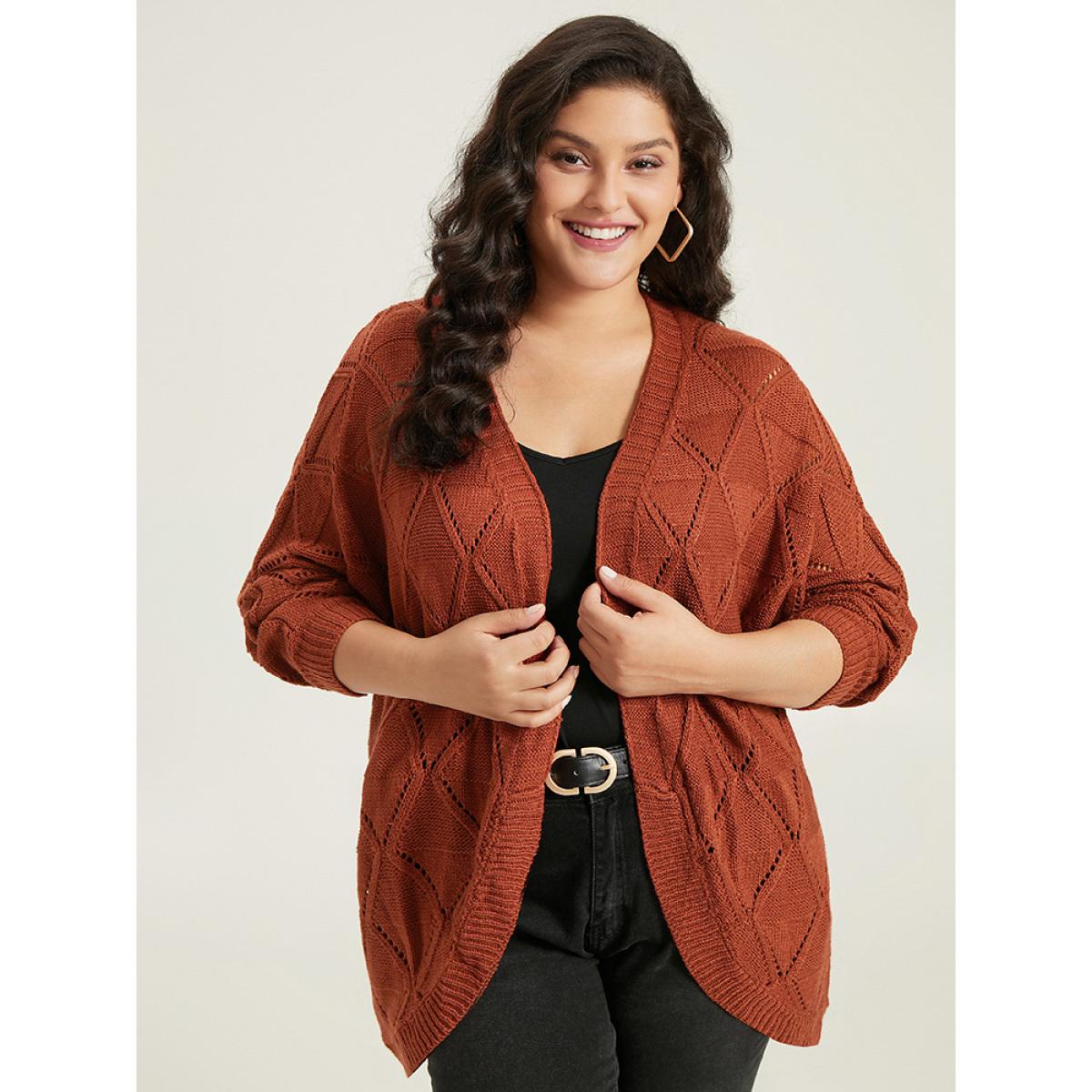 Plus Size Geometric Hollow Out Open Front Cardigan Rust Women Casual Loose Long Sleeve Dailywear Cardigans BloomChic 12/L Product Image