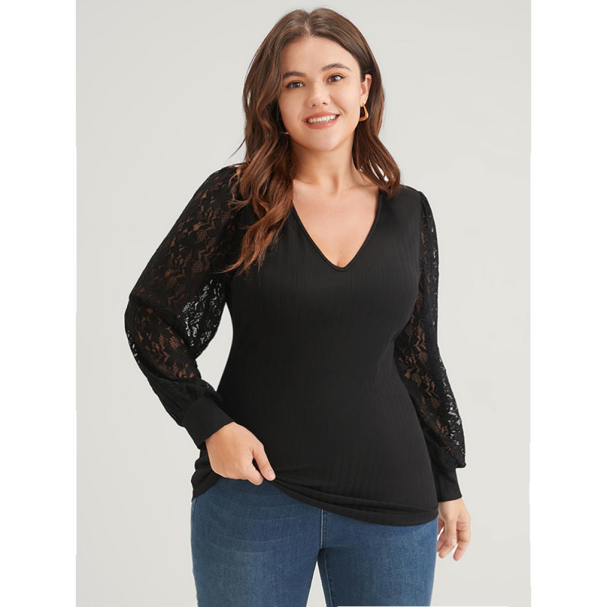 Plus Size Solid Rib Knit Contrast Lace Lantern Sleeve Long Tee Black Women Elegant Plain Plain V-neck Dailywear T-shirts BloomChic 30/6X Product Image