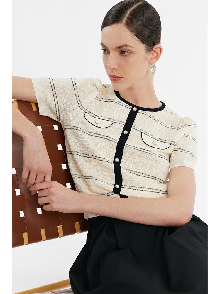 Contrast Trim Striped Knit Top And Half Skirt Two-Piece Set Product Image