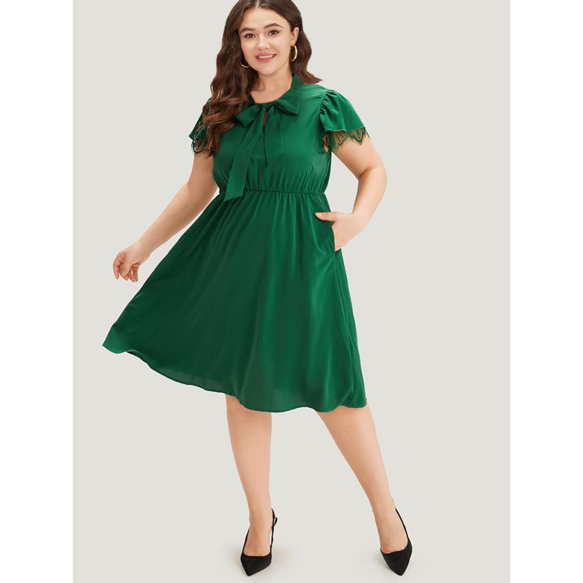 Plus Size Solid Knot Neck Pocket Eyelet Lace Dress Green Women Office Plain Tie Neck Sleeveless Curvy Midi Dress BloomChic 22-24/3X Product Image