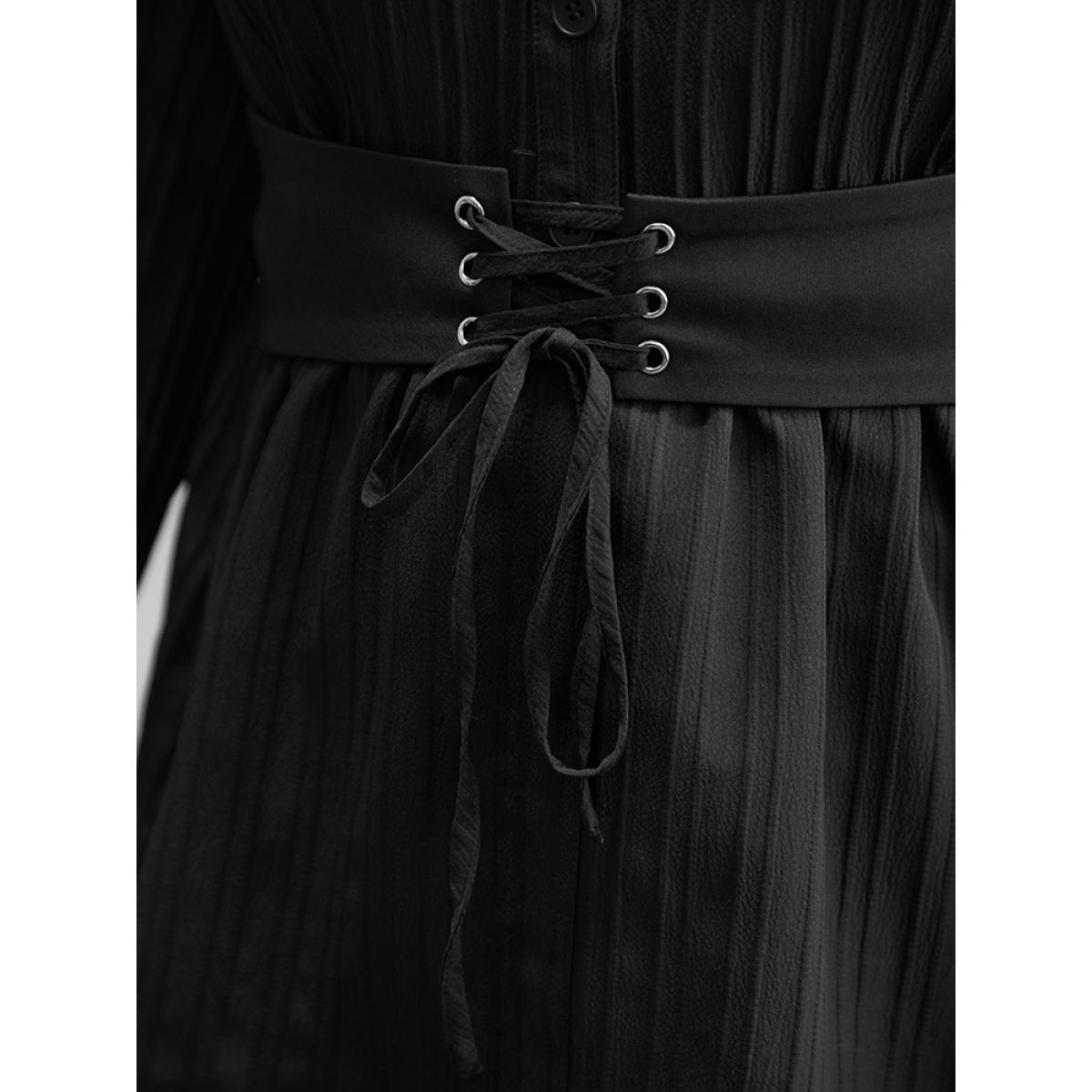 Plus Size Black Solid Textured Button Detail Lace Up Blouse Women At the Office Long Sleeve V-neck Office Blouses BloomChic 28/5X Product Image