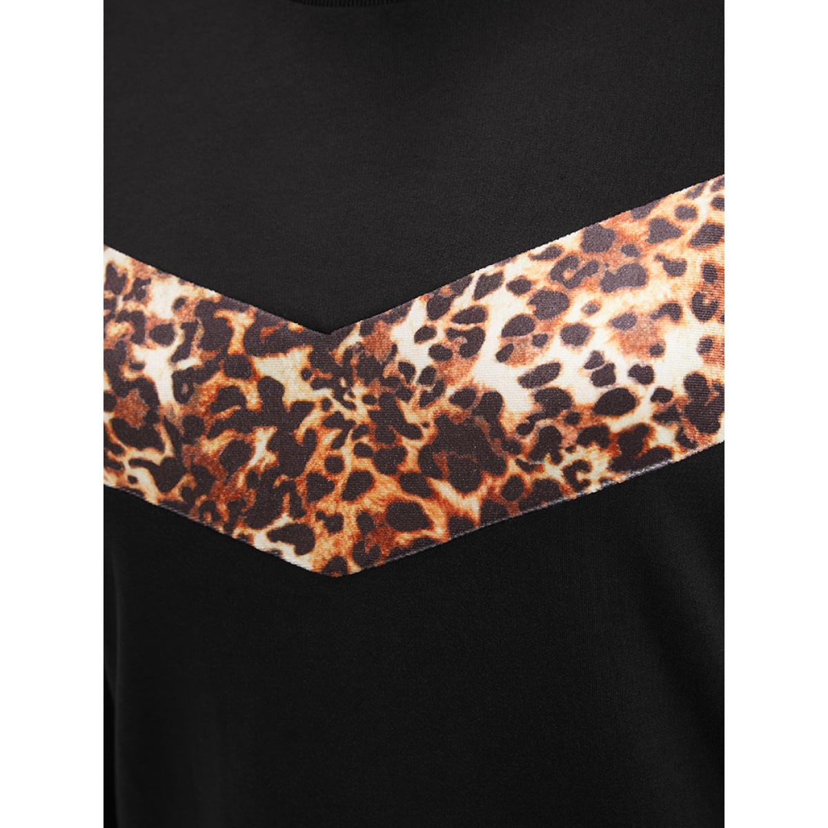 Plus Size Leopard Patchwork Round Neck Drop Shoulder Sweatshirt Women Black Casual Patchwork Round Neck Dailywear Sweatshirts BloomChic 10/M Product Image