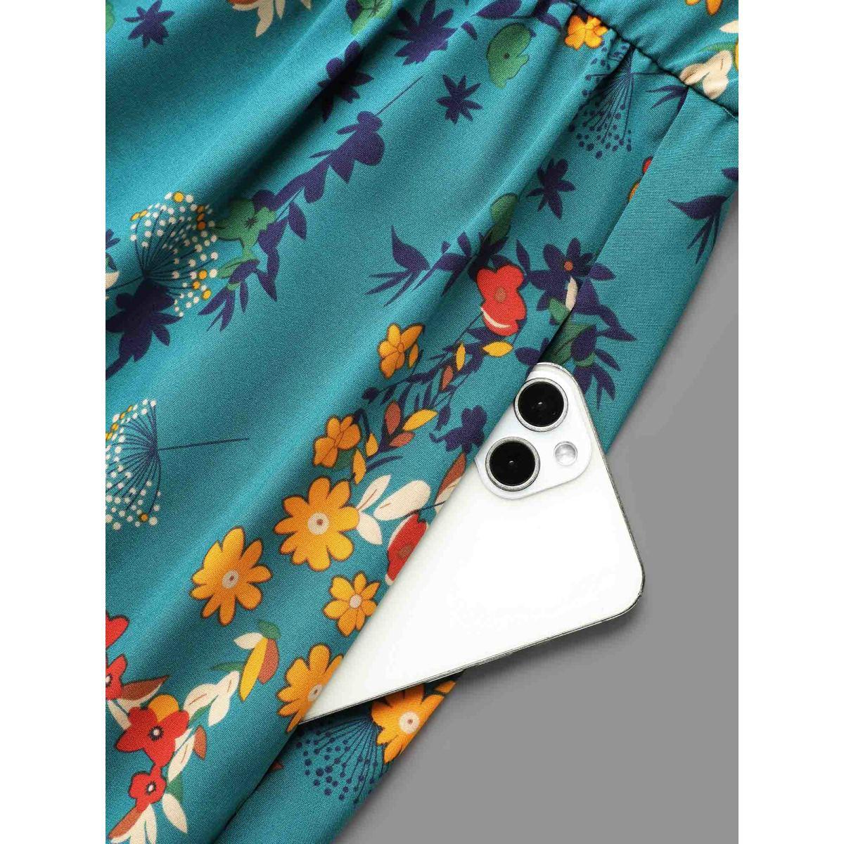 Plus Size Floral Print Ruffled Notched Collar Midi Dress Aegean Women Elegant Gathered Notched collar Long Sleeve Curvy BloomChic 18-20/2X Product Image