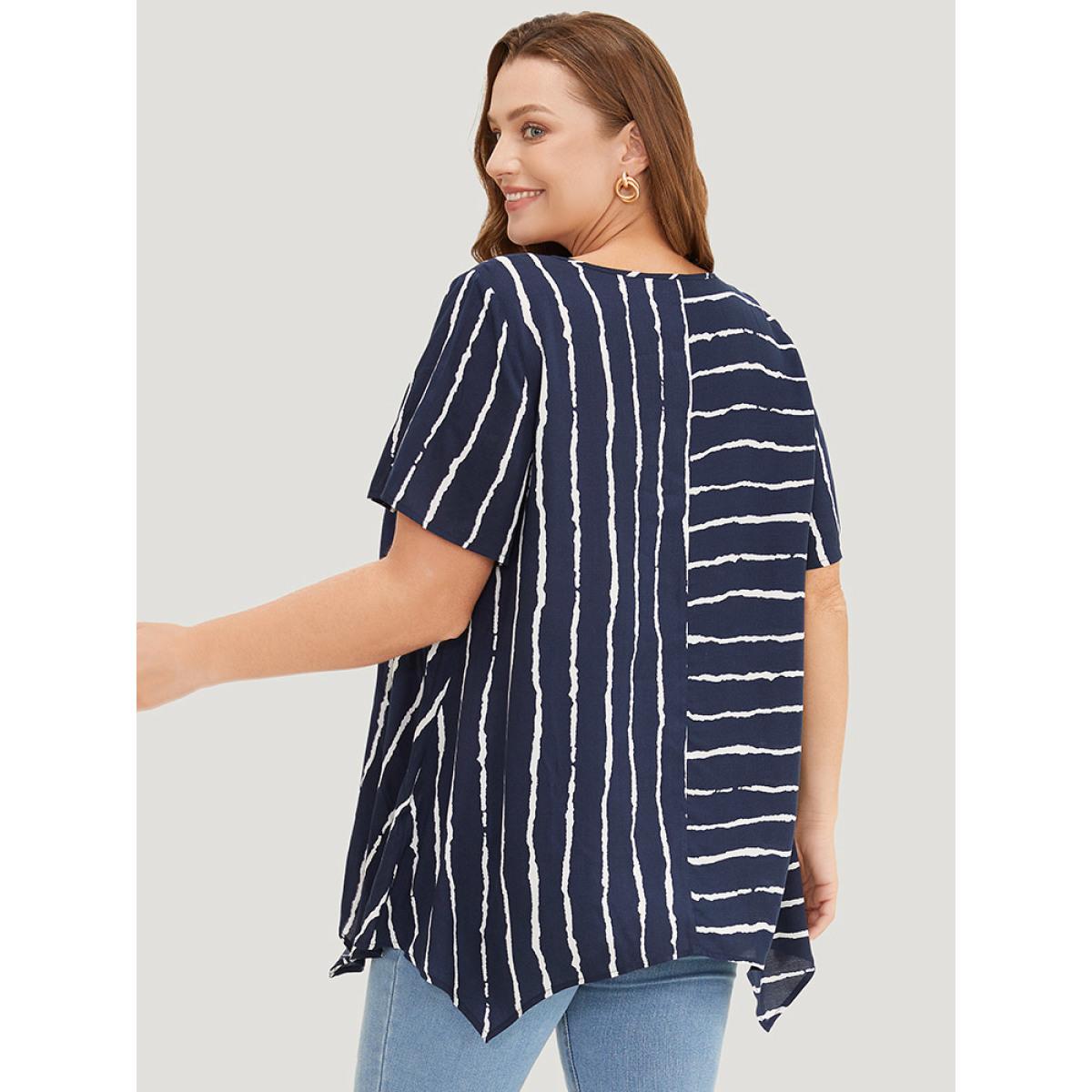 Plus Size Indigo Striped Patchwork Hanky Hem Blouse Women Office Short sleeve Round Neck Dailywear Blouses BloomChic 12/L Product Image