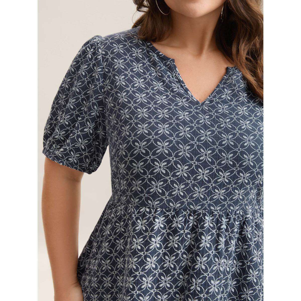 Plus Size Indigo Cotton Geometric Print Puff Sleeve Babydoll Top Women Boho Short sleeve Notched collar Vacation Blouses BloomChic 14-16/1X Product Image