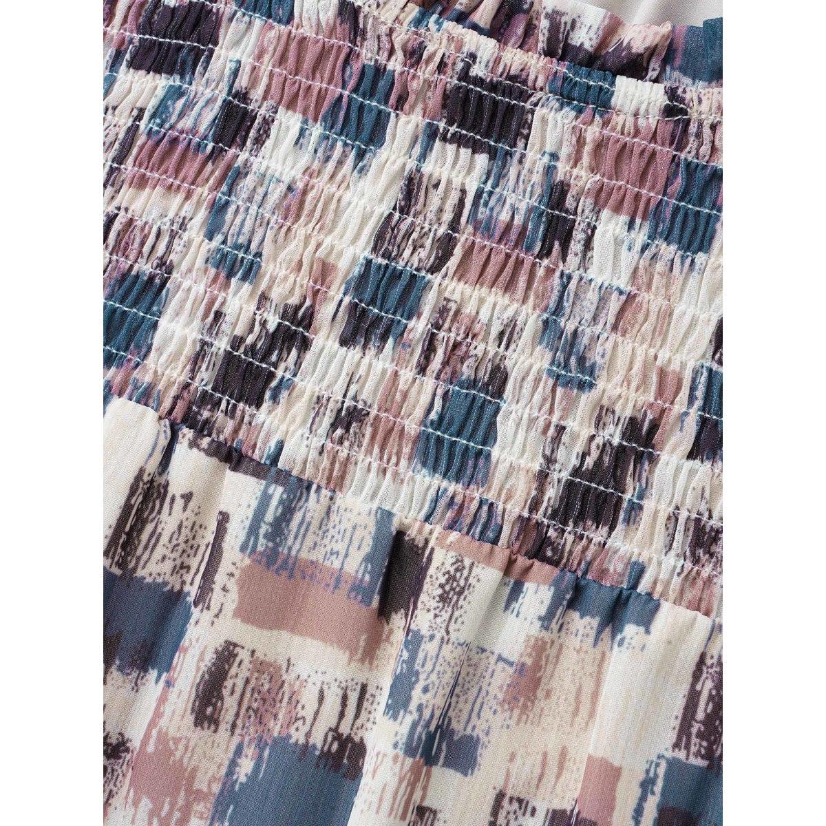 Plus Size Lilac Brush Print Shirred Ruffles Gathered Blouse Women Elegant Long Sleeve Mock Neck Everyday Blouses BloomChic 14-16/1X Product Image