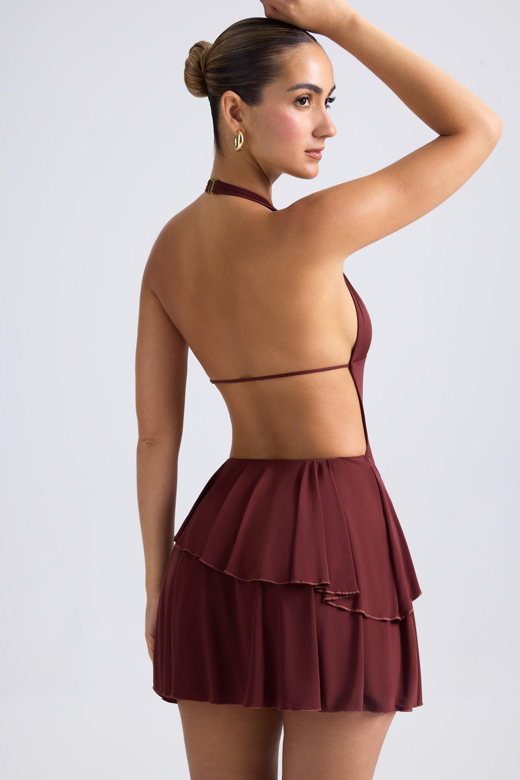Ruffled Cut-Out Halterneck Mini Dress in Chestnut Brown Product Image