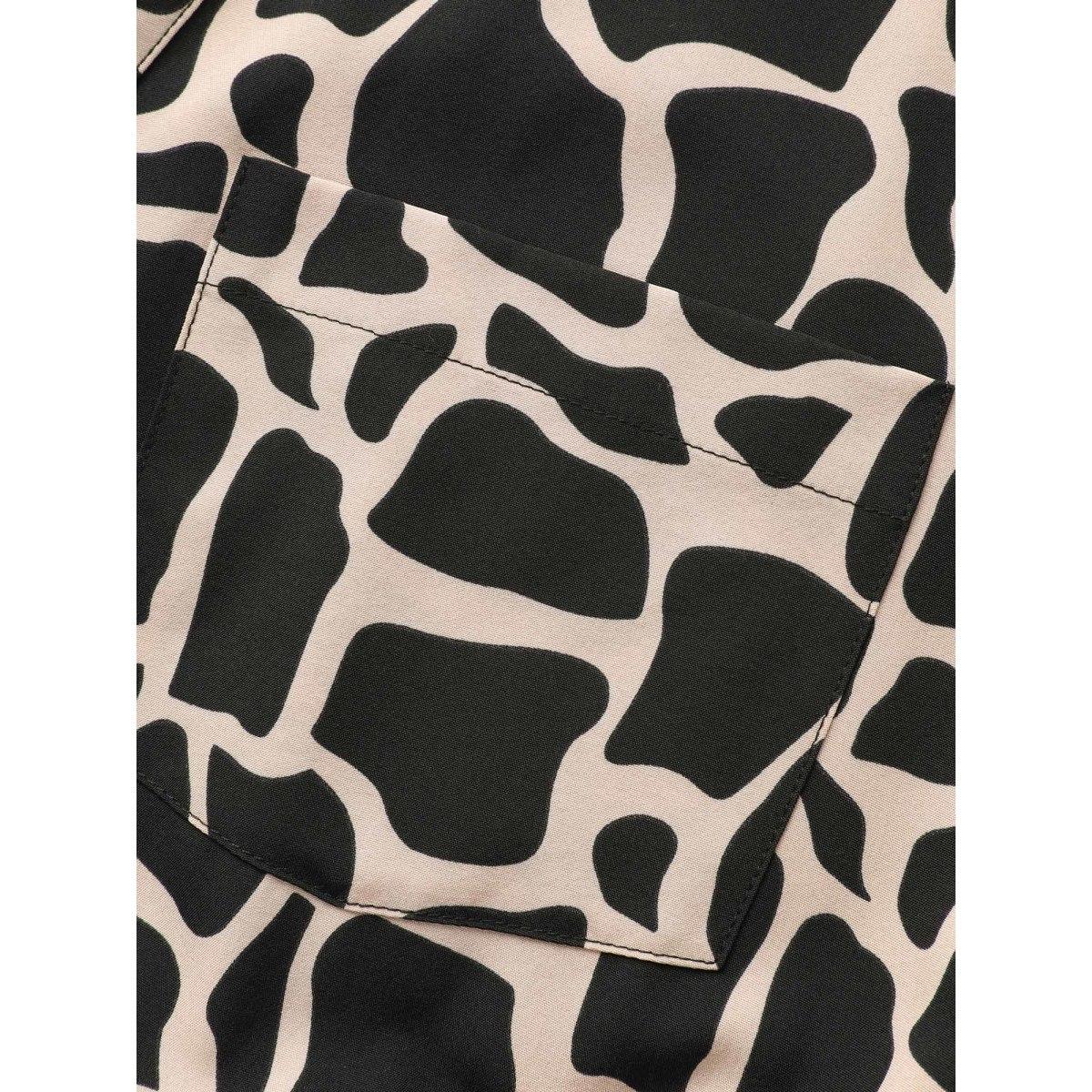 Plus Size Geometric Notched Patched Pocket Belted Dress Tan Women At the Office Belted Flat collar with V-notch Short sleeve Curvy BloomChic 28/5X Product Image