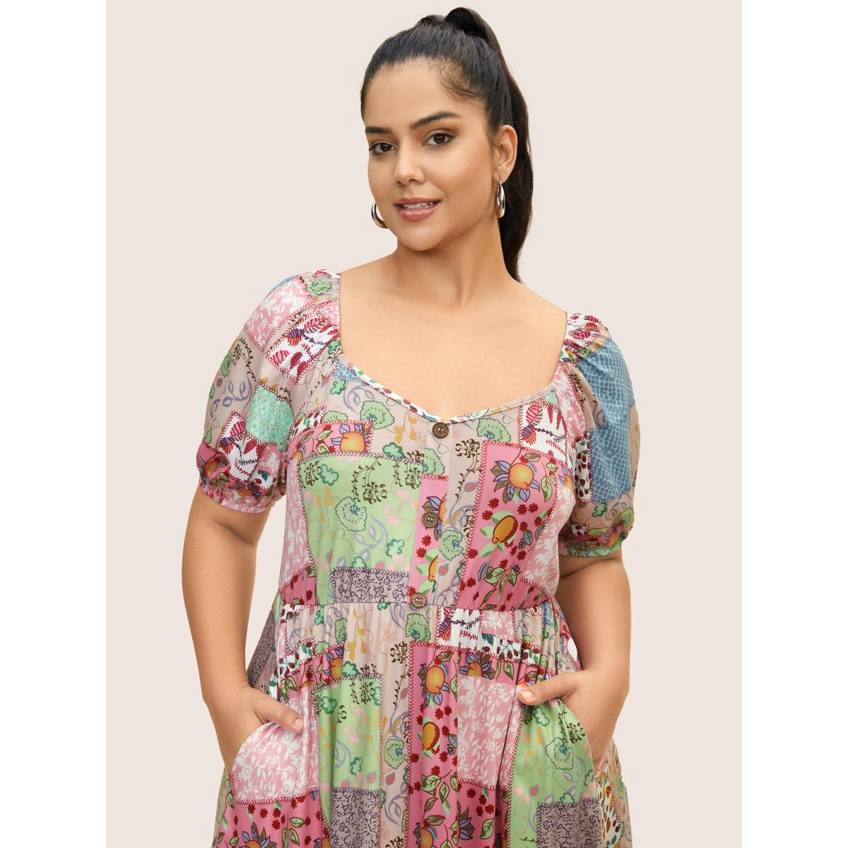 Plus Size Patchwork Boho Print Raglan Sleeve Midi Dress Multicolor Women Casual V-neck Short sleeve Curvy BloomChic 12/L Product Image