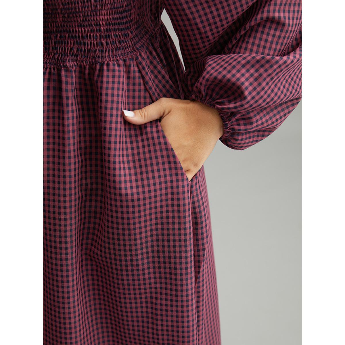 Plus Size Gingham Square Neck Frill Trim Shirred Dress RedViolet Women Casual Elastic cuffs Square Neck Long Sleeve Curvy Midi Dress BloomChic 22-24/3X Product Image