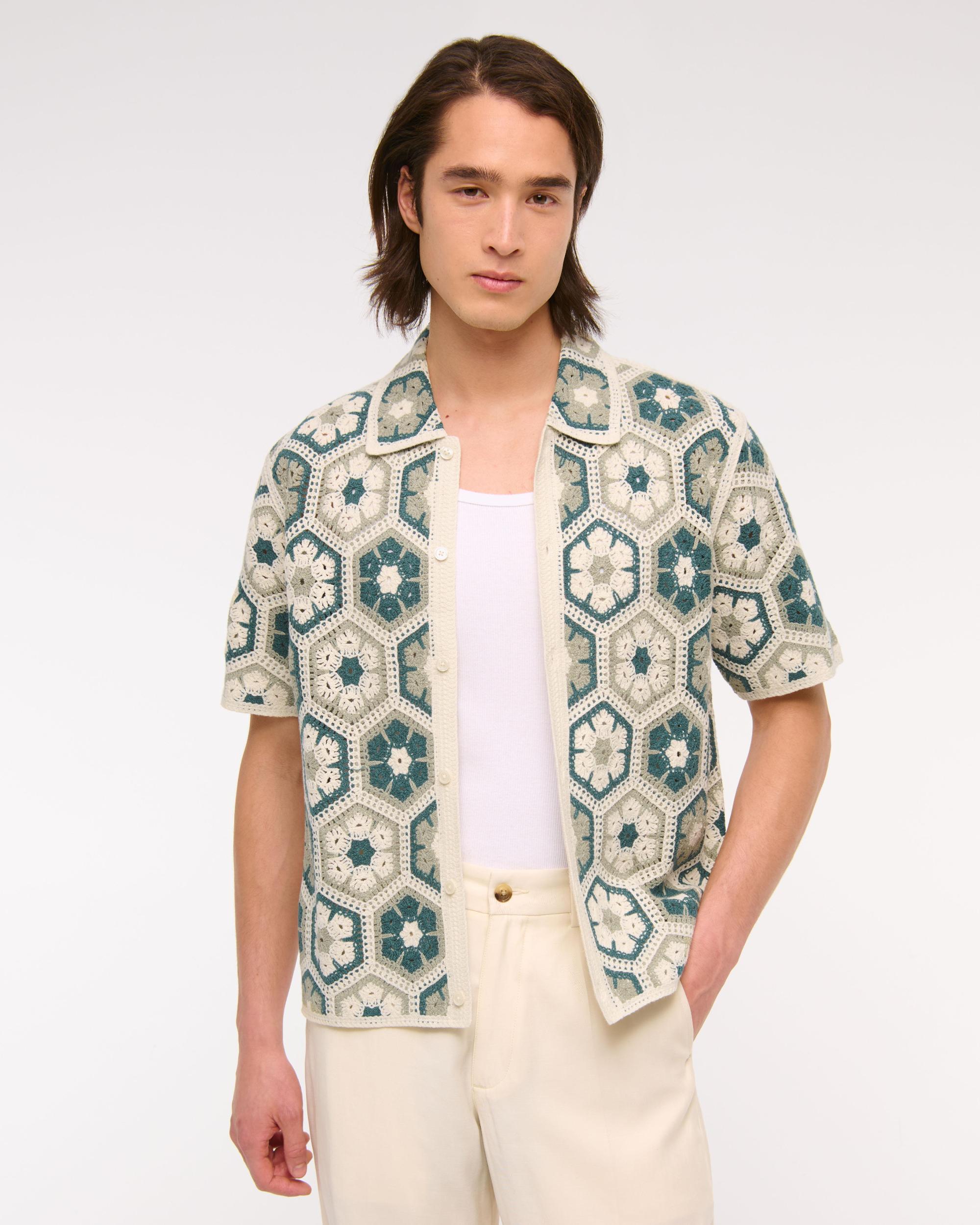 Crochet-Style Border Stripe Button-Through Sweater Polo Product Image