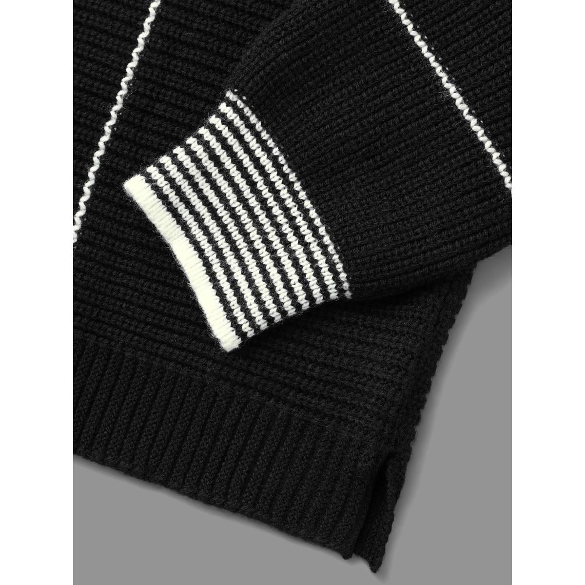 Plus Size Texture Contrast Striped Lantern Sleeve Pullover Black Women Casual Loose Long Sleeve V-neck Everyday Pullovers BloomChic 18-20/2X Product Image