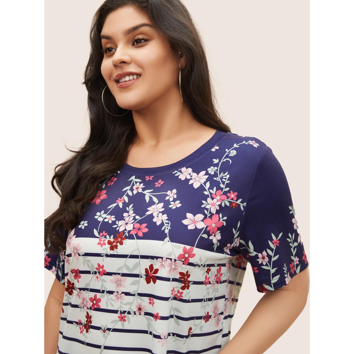 Plus Size Striped Contrast Boho Print Crew Neck T-shirt Indigo Women Casual Round Neck Everyday T-shirts BloomChic 18-20/2X Product Image