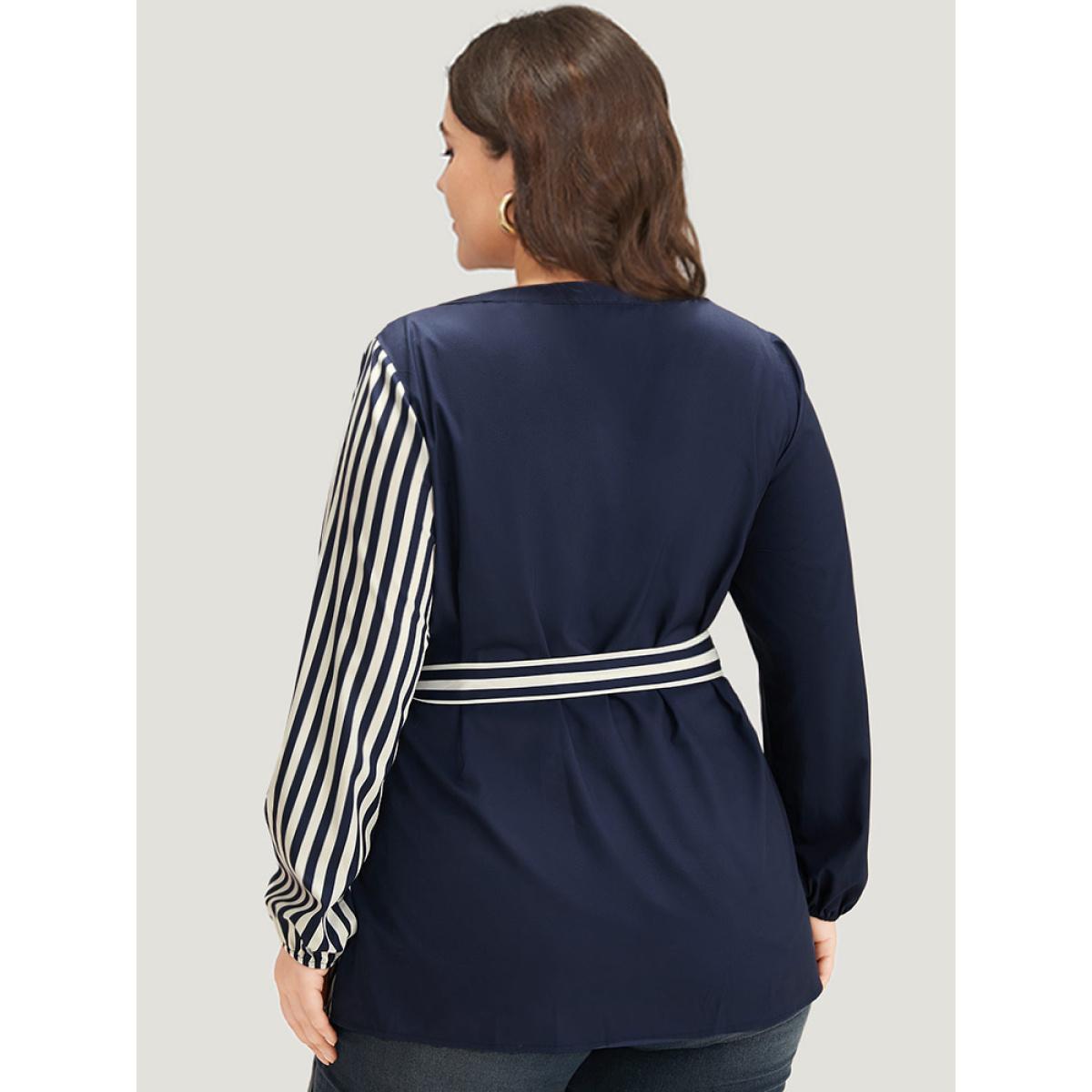 Plus Size Indigo Striped Patchwork Notched Belted Lantern Sleeve Blouse Women Office Long Sleeve V-neck Office Blouses BloomChic 14-16/1X Product Image