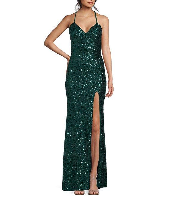 Honey and Rosie Sequin V-Neck Spaghetti Strap Mesh Back Front Slit Gown Product Image