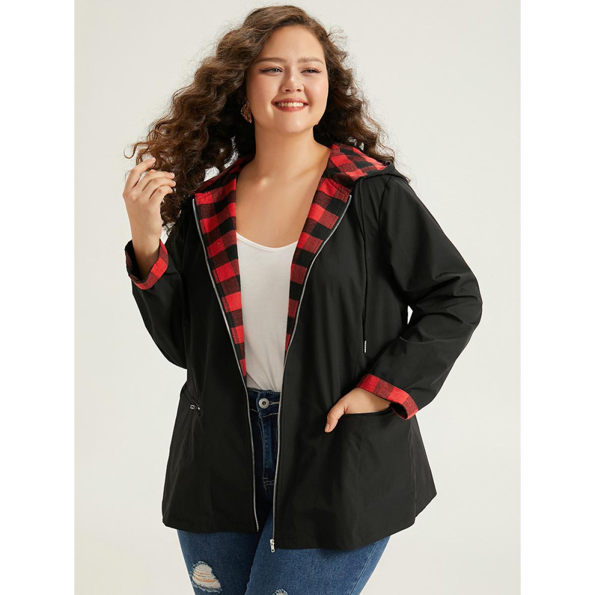 Plus Size Halloween Zipper Drawstring Plaid Contrast Patchwork Jacket Women Black Contrast Pocket Dailywear Jackets BloomChic 10/M Product Image